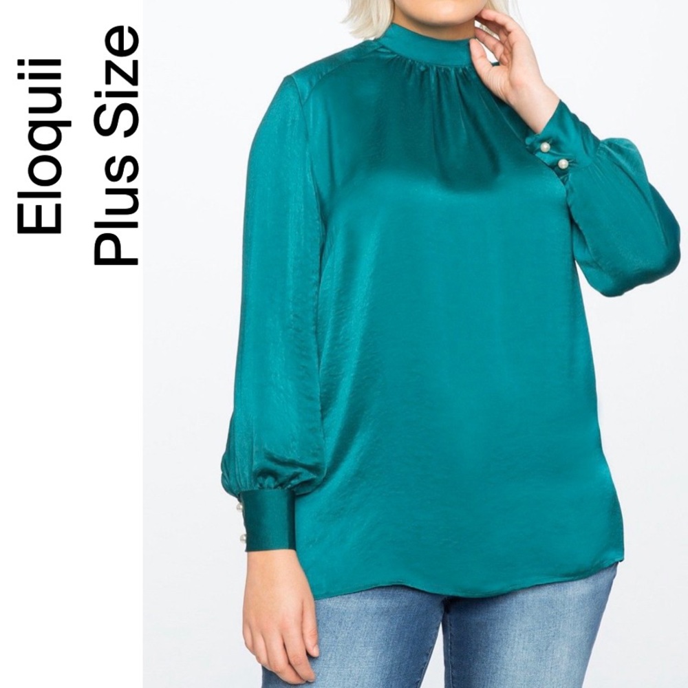 Eloquii Green Blouse Pearl Button Cuff Plus Size
